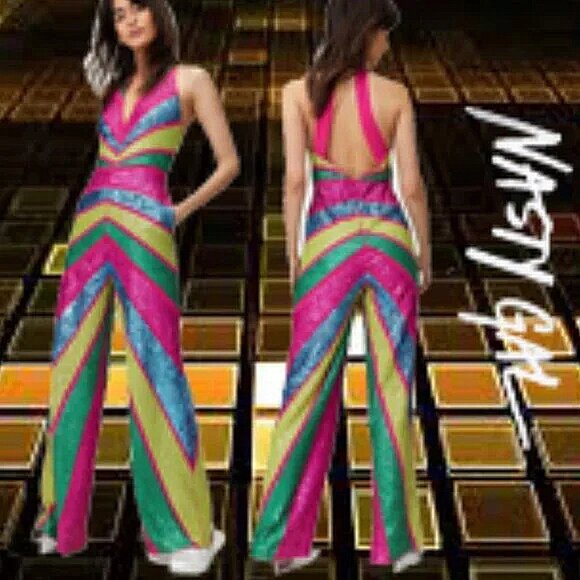 💋RETRO GLAM!💋 STUDIO 54 Halter Cut Out Wide-leg Jumpsuit in Stripe Sequin - Picture 2 of 15